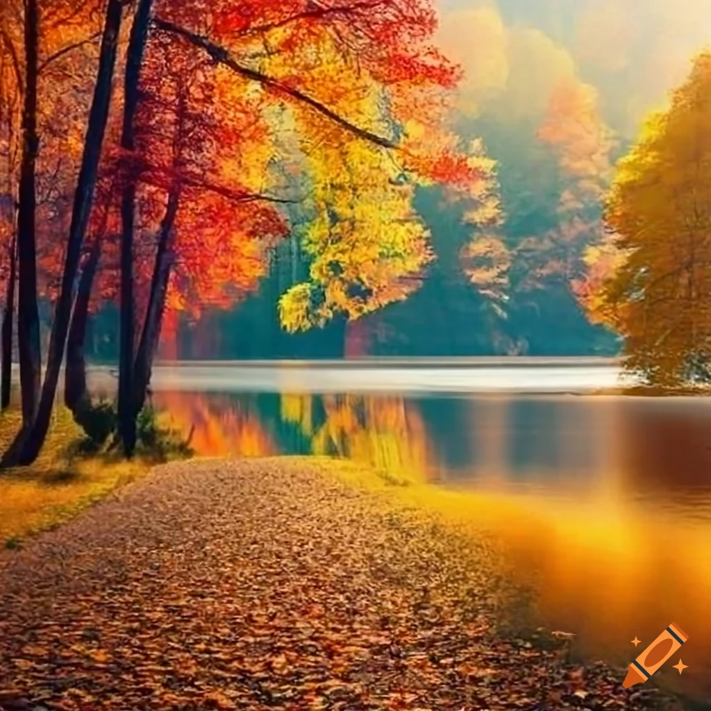 Serene autumn landscape with reflective lake and colorful foliage in ...