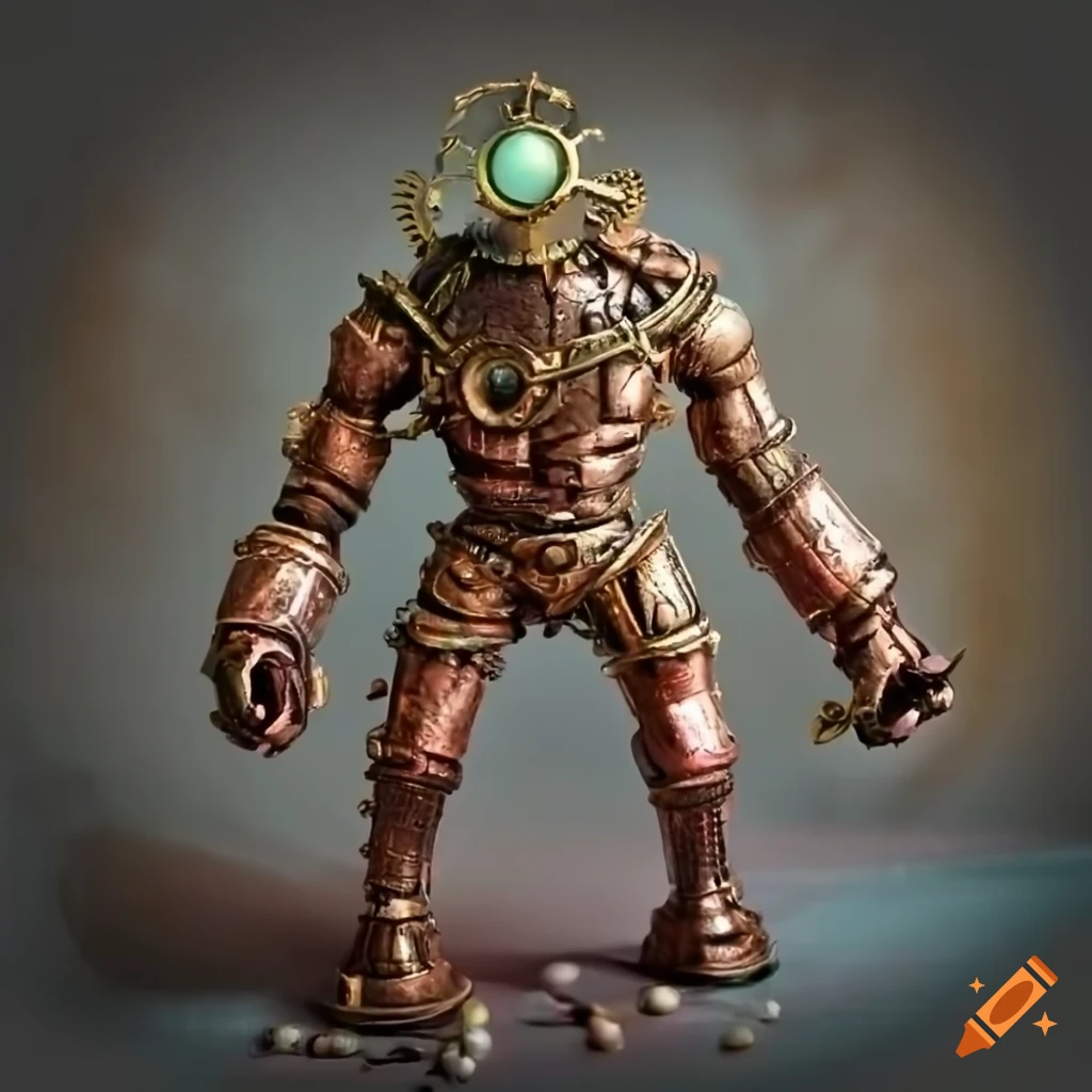 Steampunk golem with intricate copper, crystal, and brass machinery