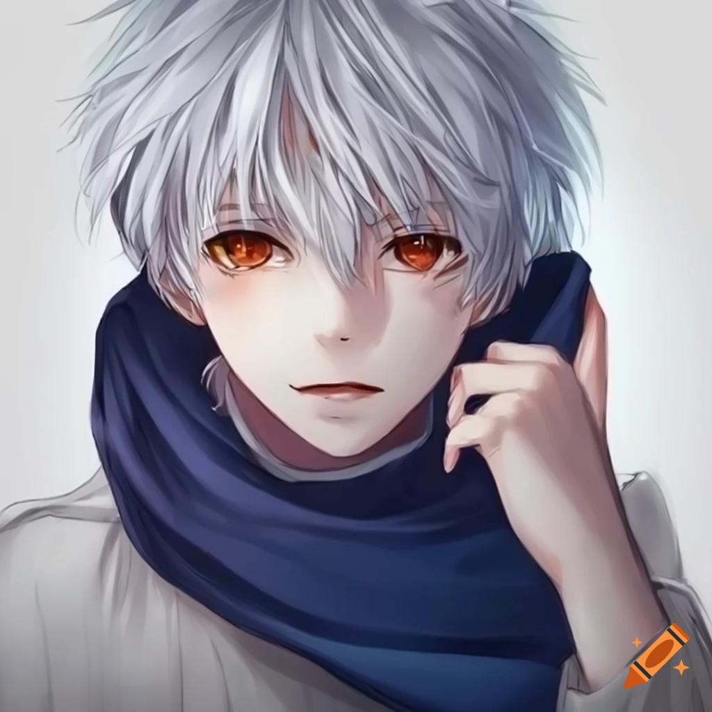 Anime boy with white hair, orange eyes, and blue scarf on Craiyon