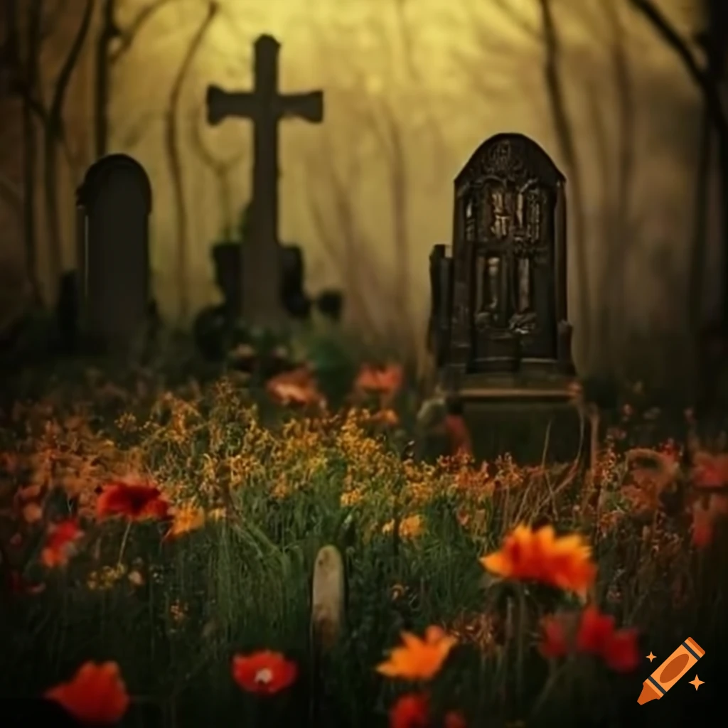 Field of flowers in a spooky graveyard on Craiyon