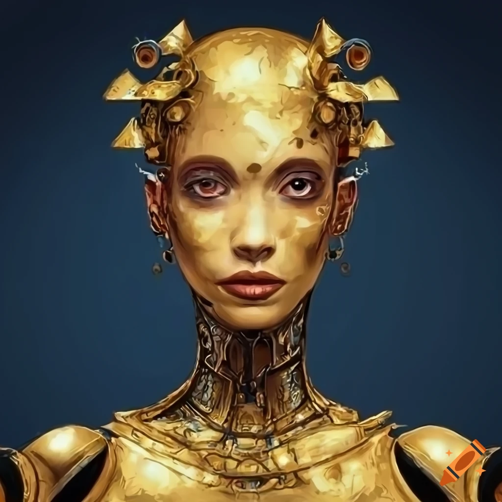 Robot queen with gold skin in marc simonetti style on Craiyon