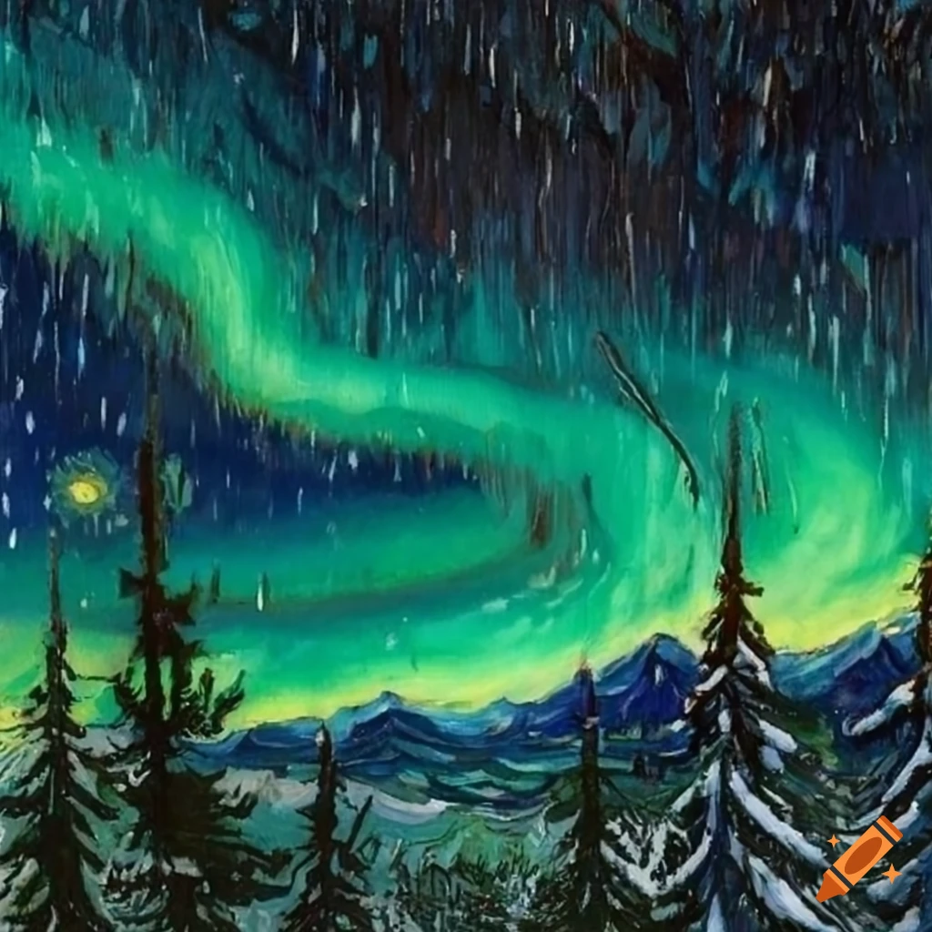 Starry northern lights with snowfall, spruce trees, and mountains in the style of Vincent van Gogh