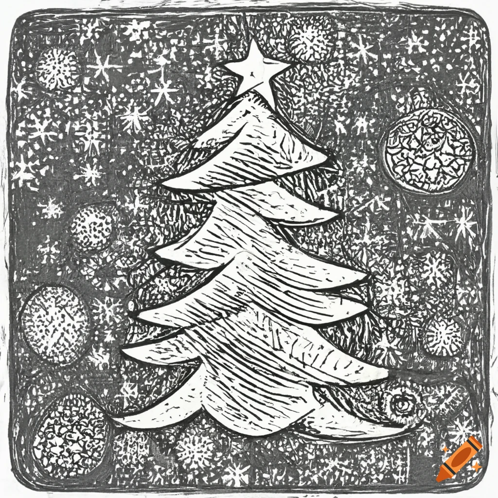 Christmas tree retro grayscale doodle drawing
