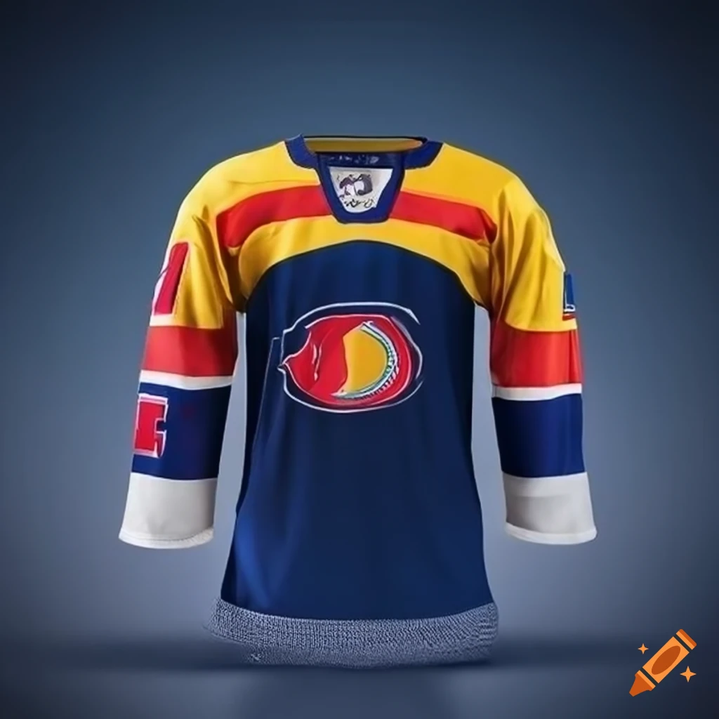 Dark blue, red, and yellow ice hockey jersey on Craiyon
