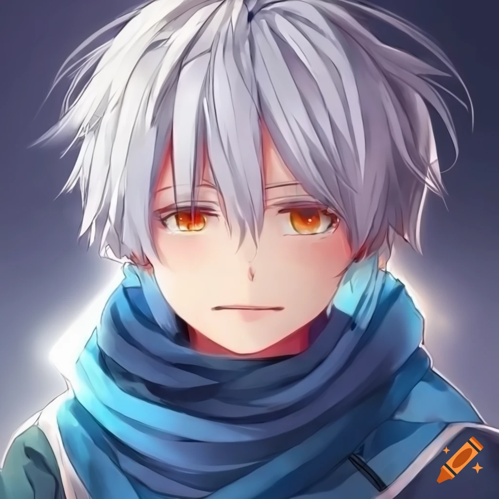 Cute anime boy with white hair, orange eyes, and blue scarf on Craiyon