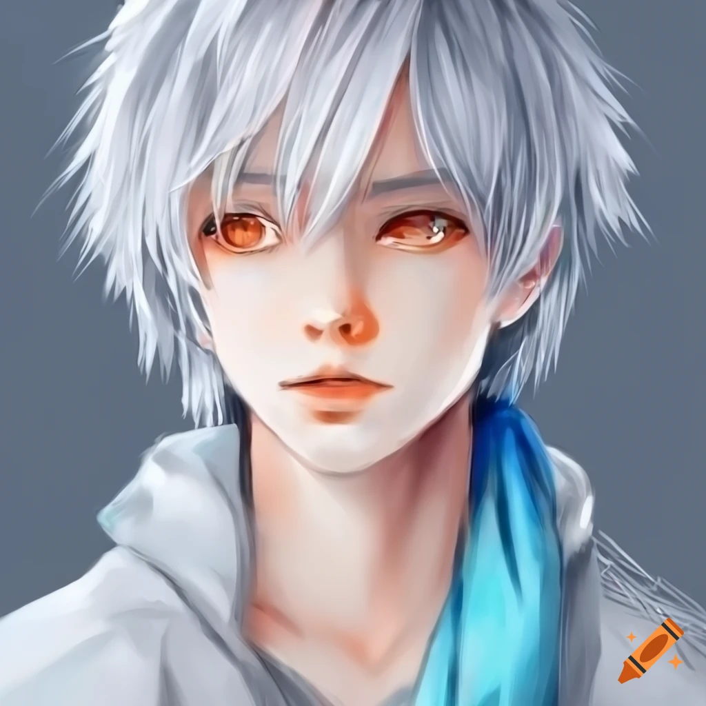Cute anime boy with white hair, orange eyes, and blue scarf