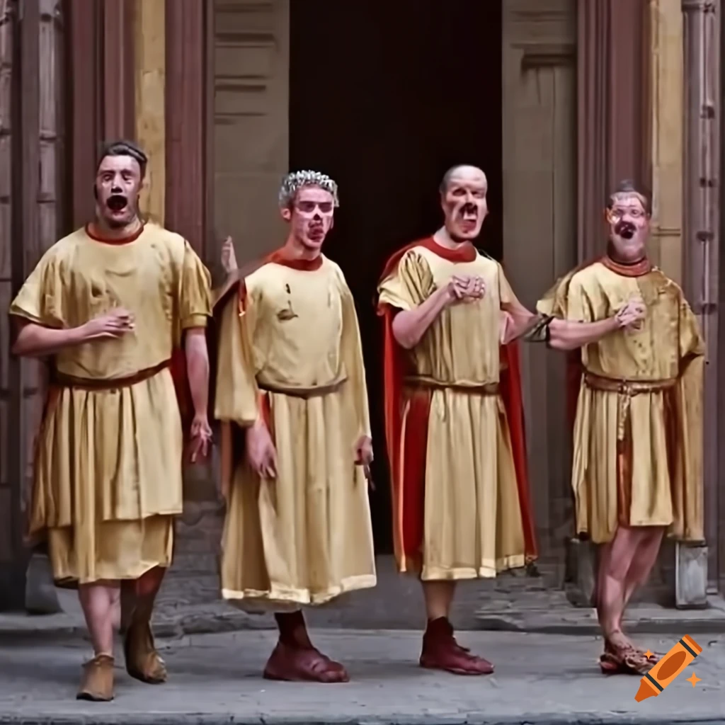 Roman men in tunics walking and talking in a historical street scene on ...