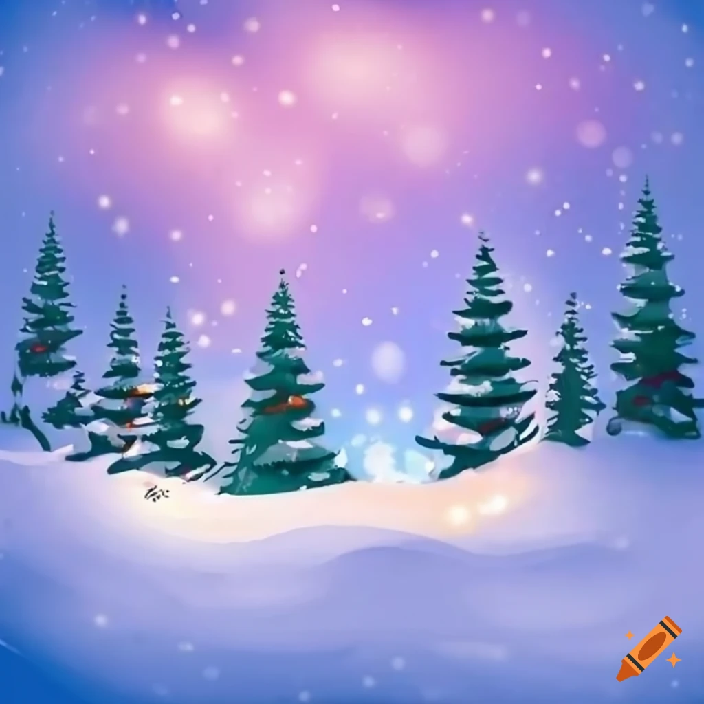 Snowy scene with christmas trees and lights