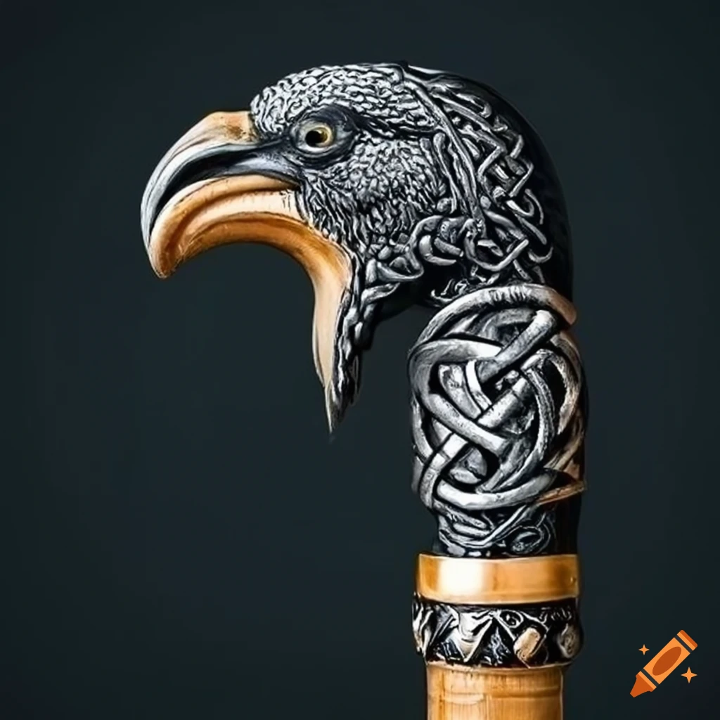 Traditional irish walking cane with raven's head and celtic motif