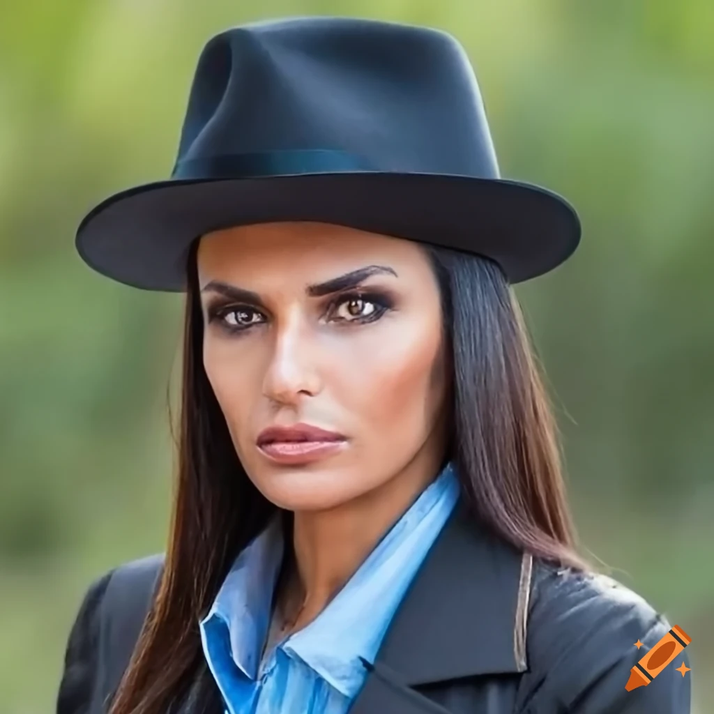 Serious italian woman with a black fedora covering her eyes