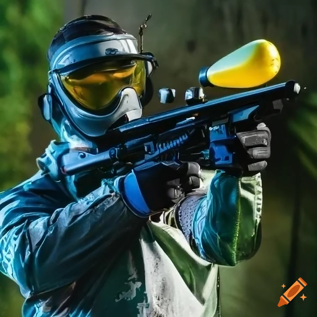 Professional paintball player in action at a paintball arena