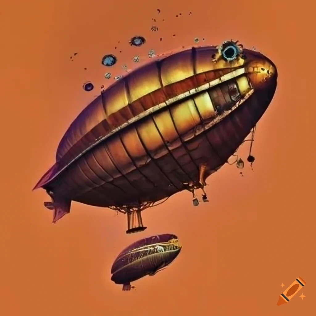 Orange steampunk airship over Paris for an album cover