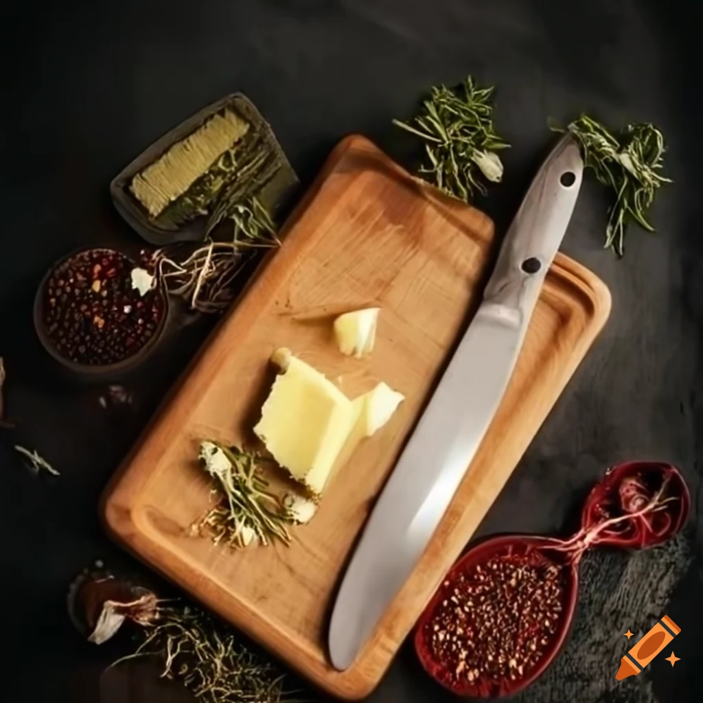 Kitchen bench with knife, garlic, butter, cutting board, spices, and herbs