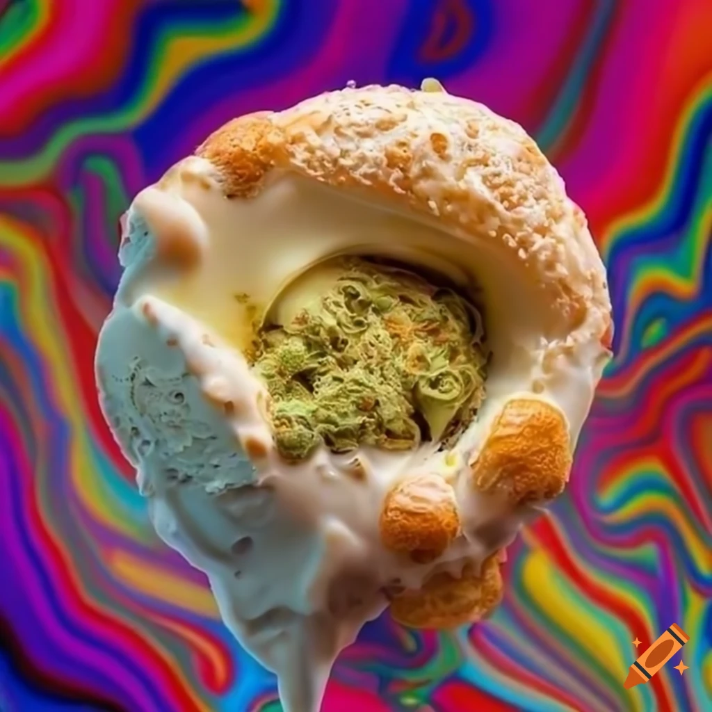 Melting cannabis bud into vanilla ice cream with pastries on Craiyon