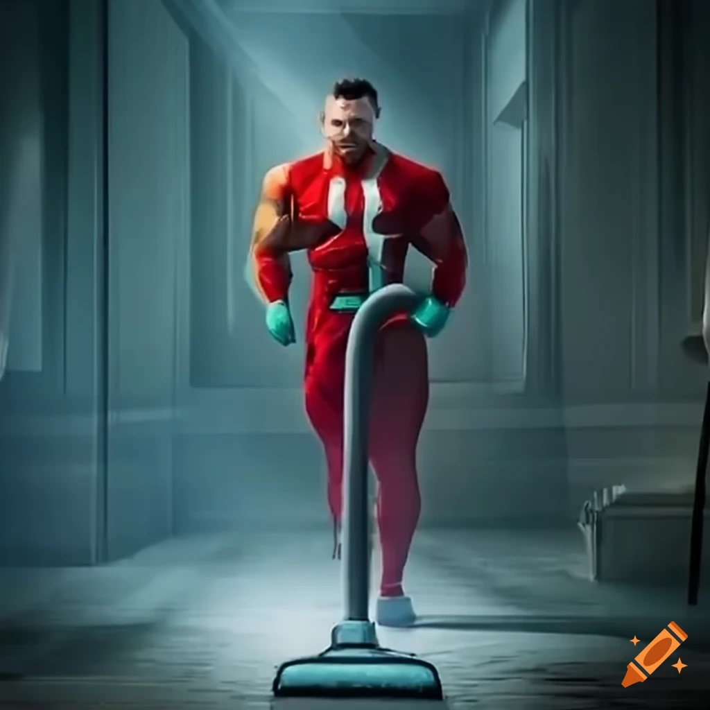 Omni-Man using a powerful vacuum cleaner to clean the floor