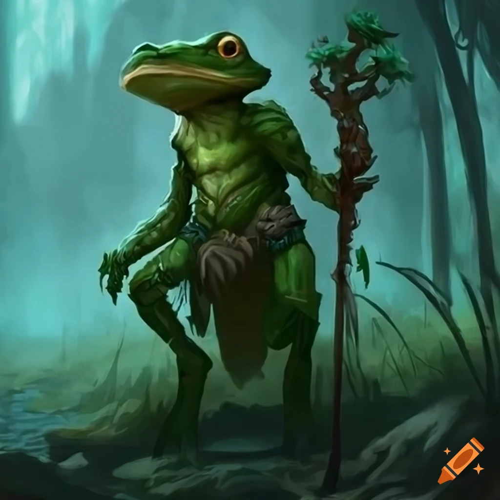 Fantasy concept art of a frogman druid