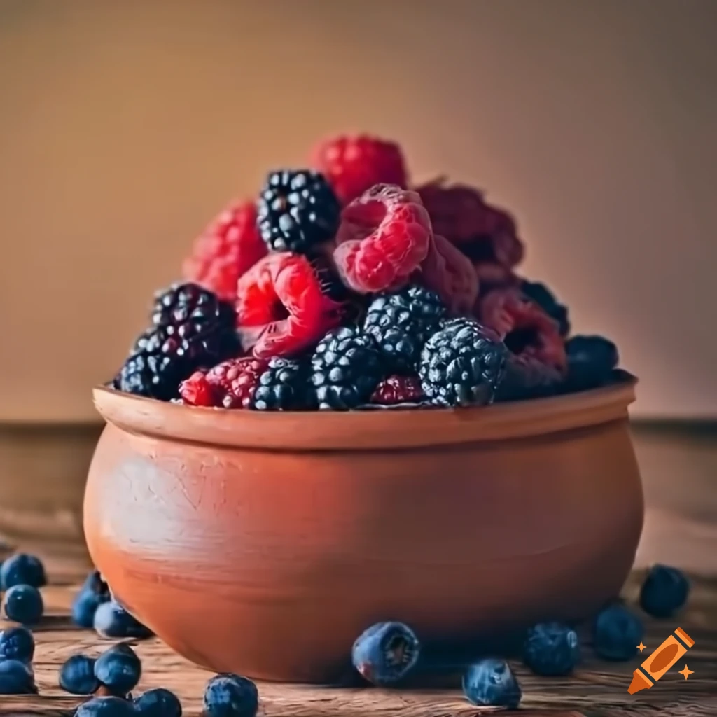 Clay pot with mixed berries on rustic wooden table in cinematic lighting