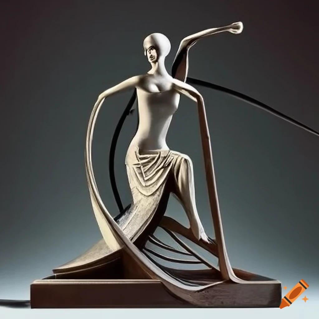 Art deco figure operating a canoe in an Escher-like style