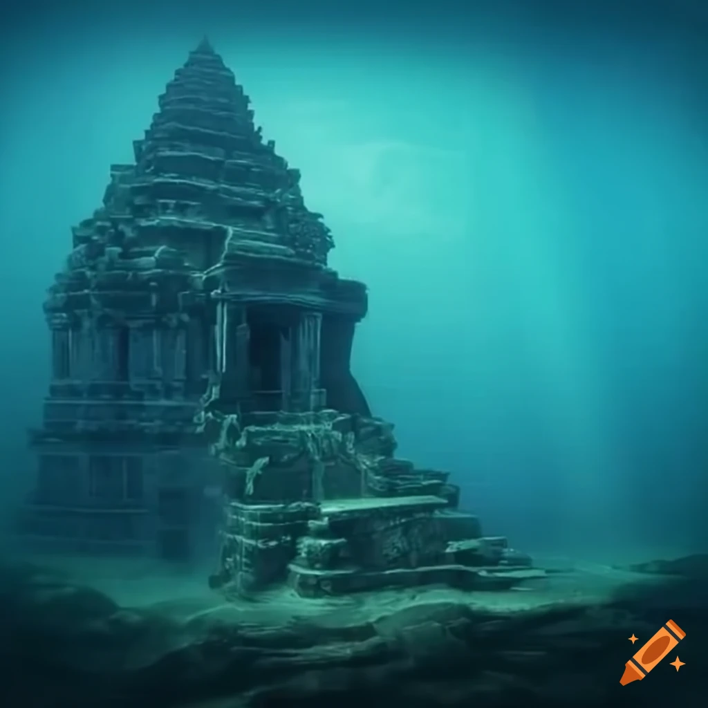 Ancient temple deep underwater on the edge of a deep trench on Craiyon