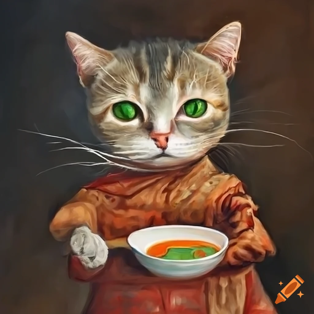 Surreal cat enjoying chicken soup in clothing