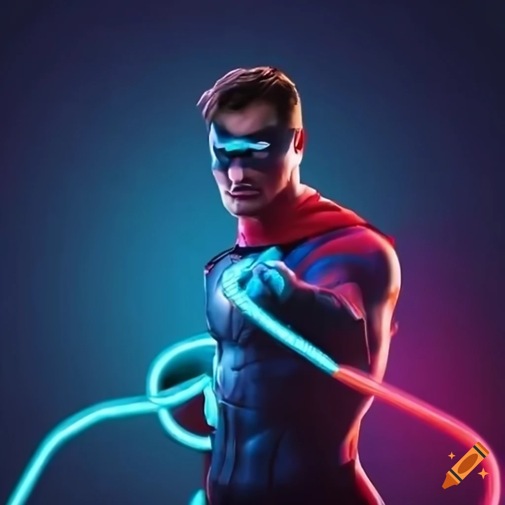 Superhero with a neon whip playing football in a cinematic setting on