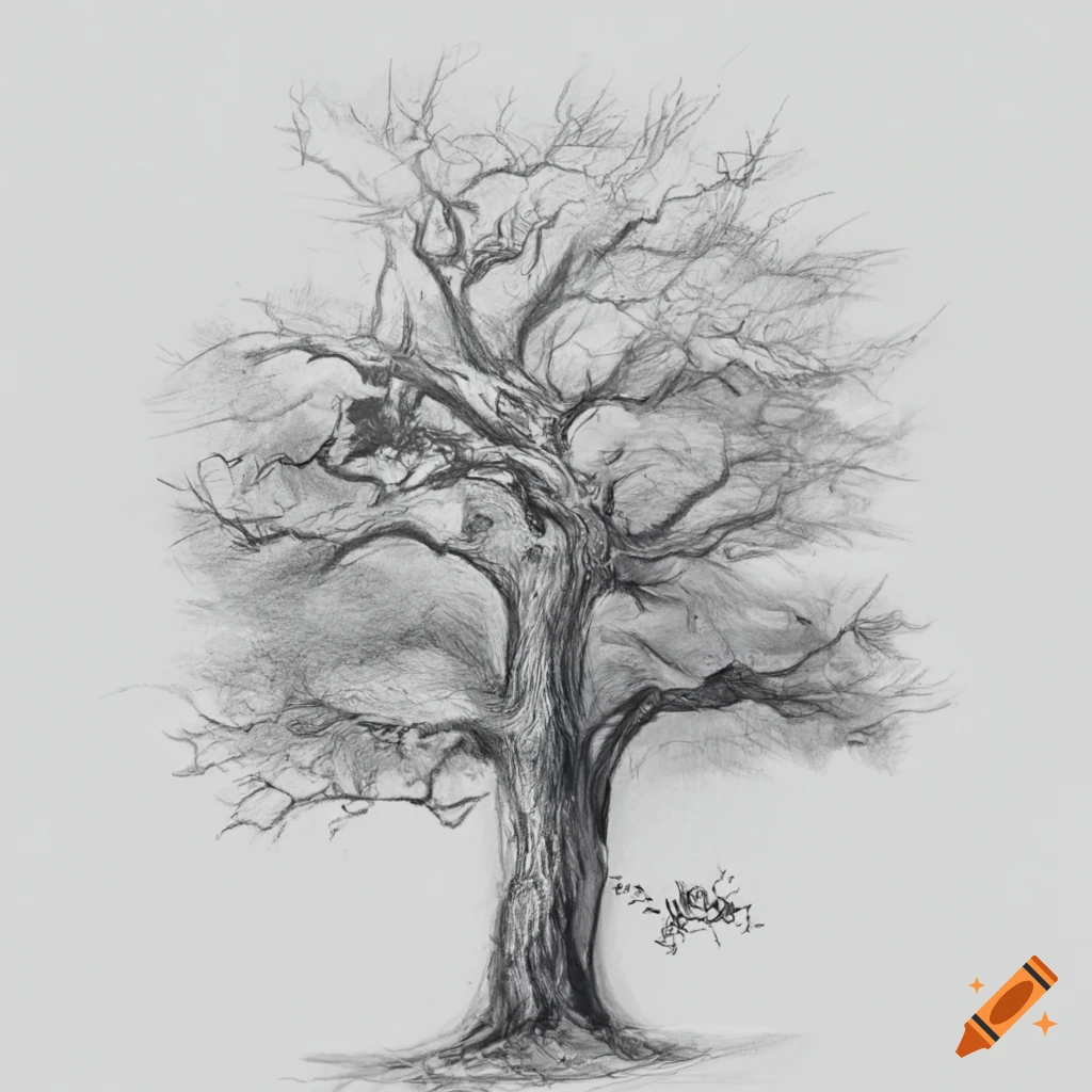 Eerie pencil sketch of an oak tree with a red fox on a branch