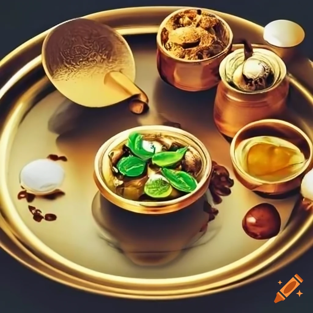Ayurvedic herbs and items on a golden plate