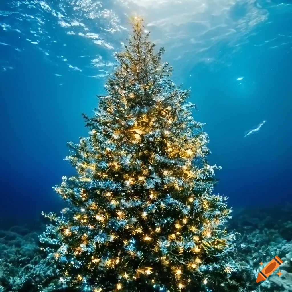 Bright magical christmas tree with christmas lights underwater