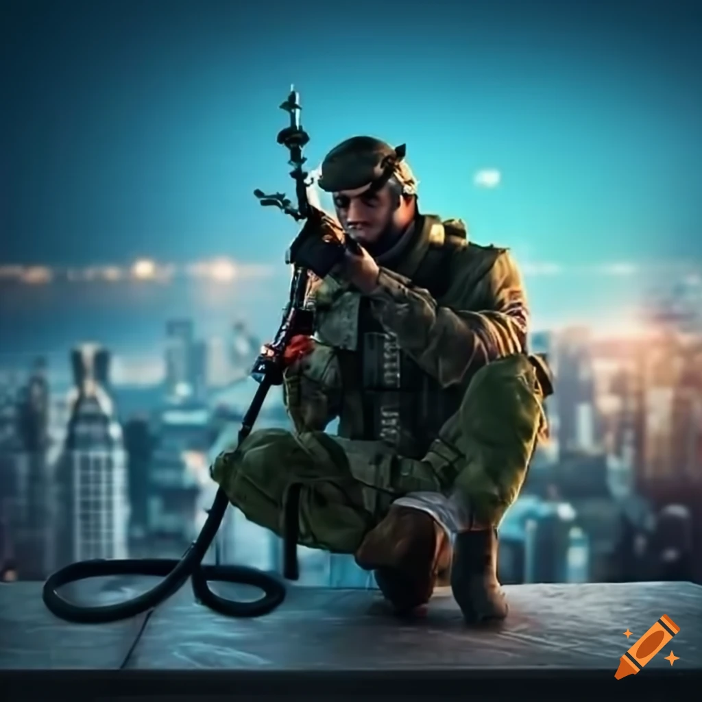 Sniper on rooftop patio enjoying a drink overlooking city skyline