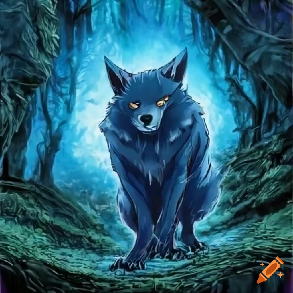 Yu-Gi-Oh! trading card artwork of a majestic blue wolf in the forest on  Craiyon