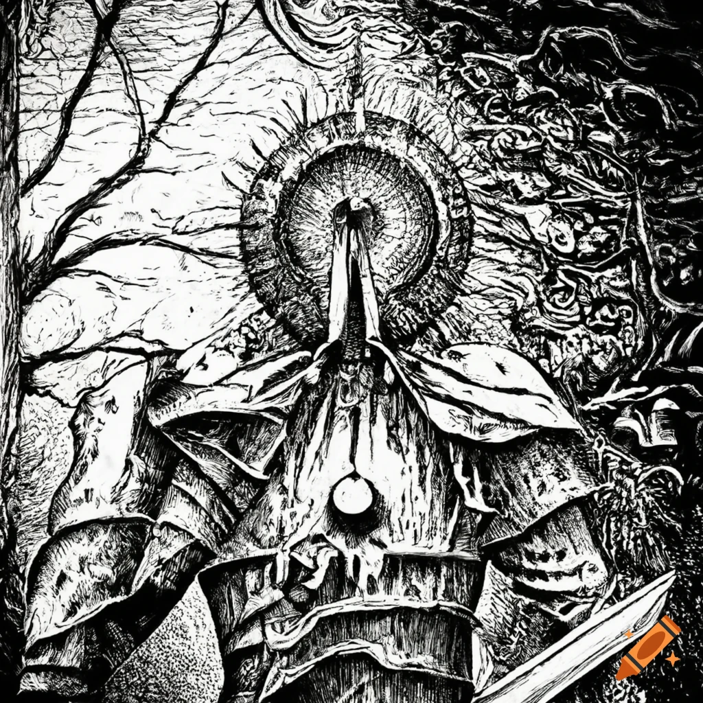 Highly detailed monochrome etching of an occult knight by Kentaro Miura