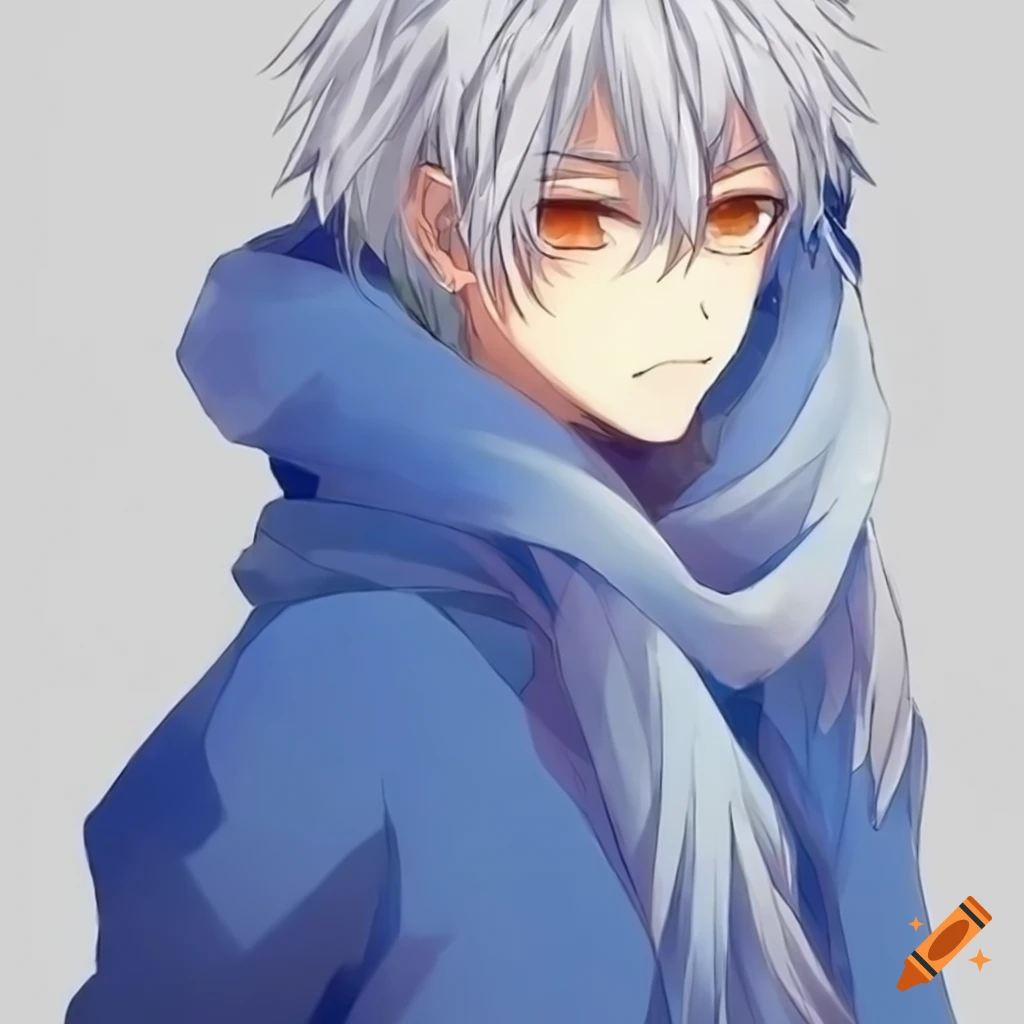 Cute anime boy with white hair, orange eyes, and blue scarf