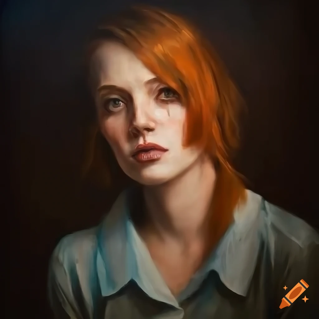 Moody oil painting of a 40-year-old lady in a light blue polo shirt