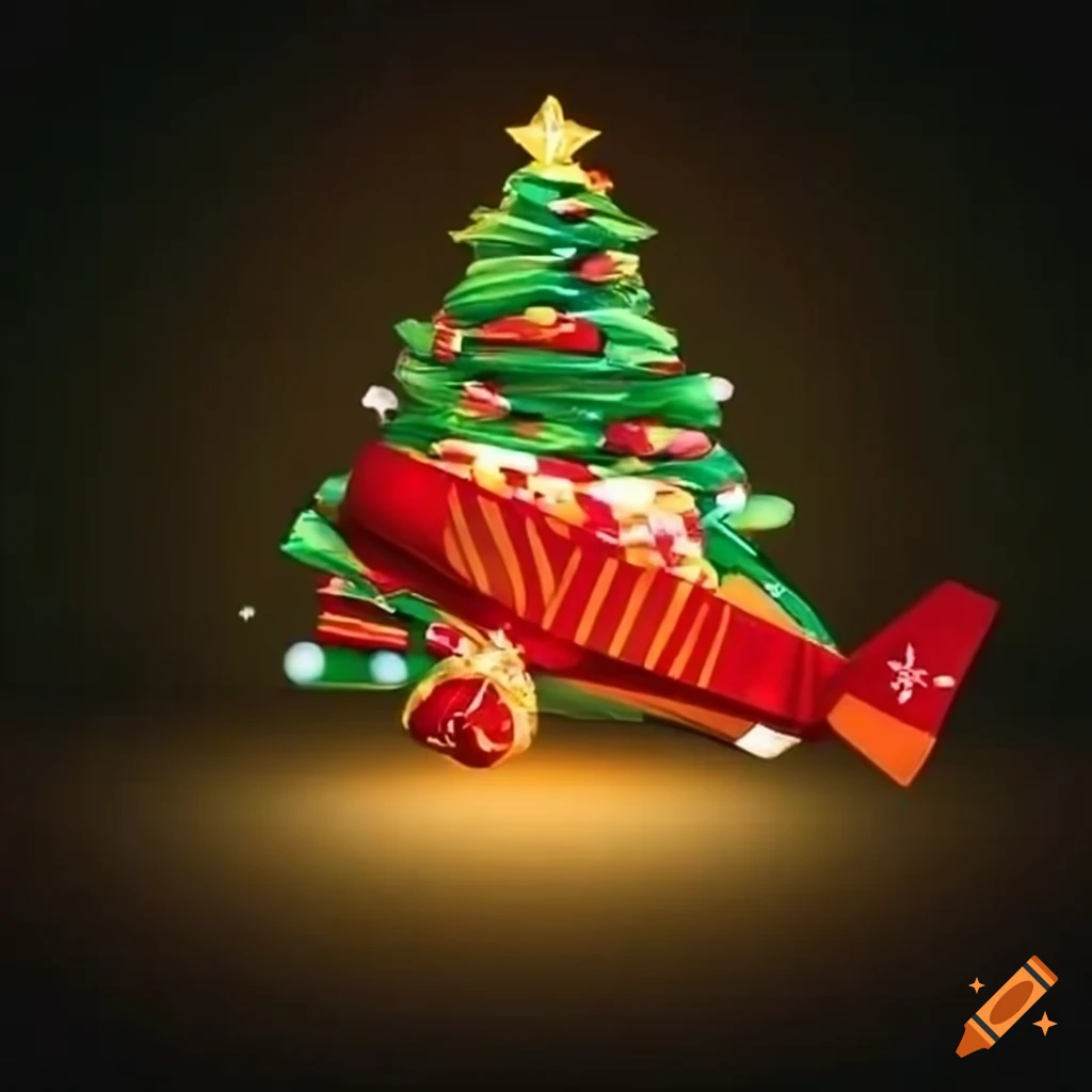 Gift wrapped airplane under a christmas tree