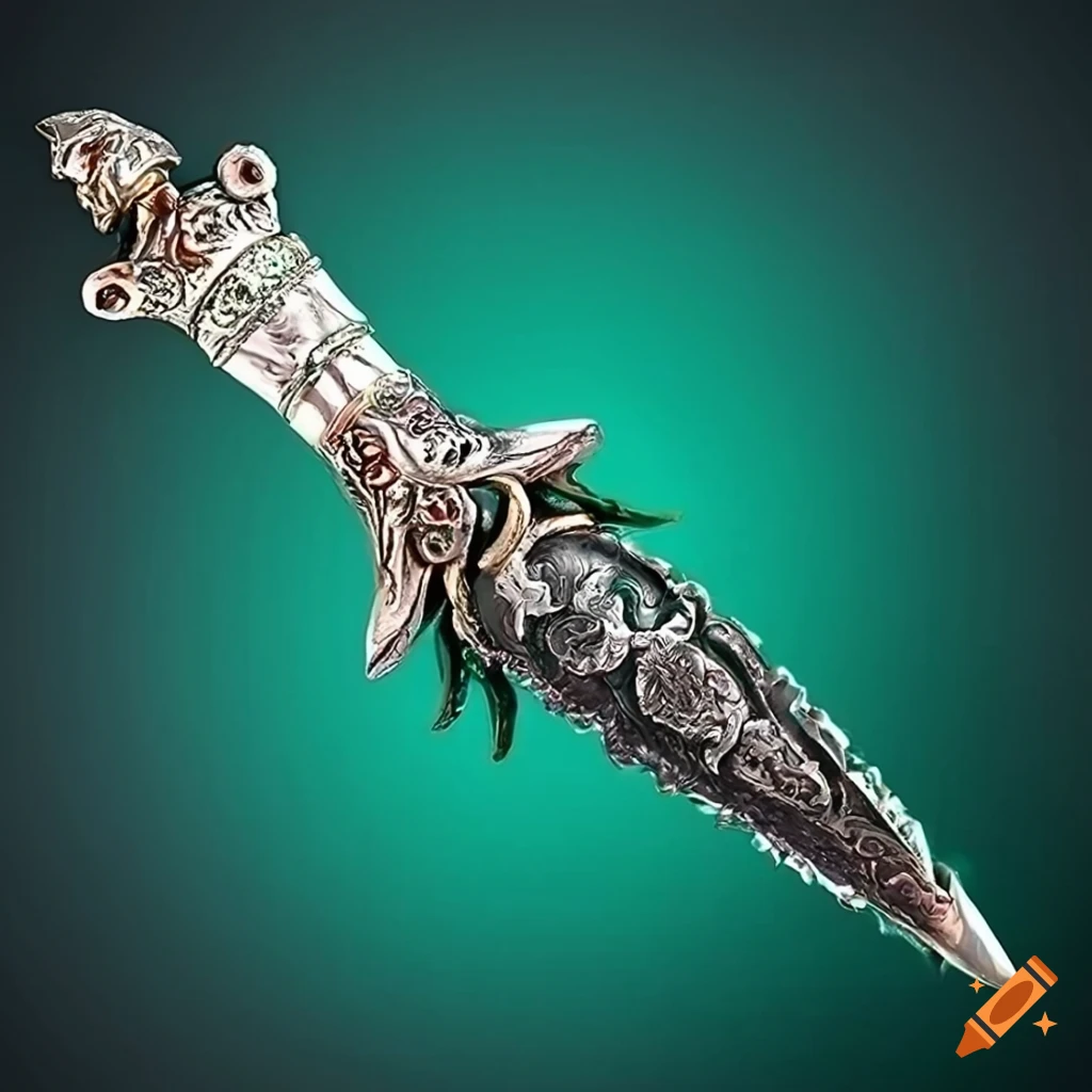 Silverhued dagger with serpentine patterns and emerald gem at the