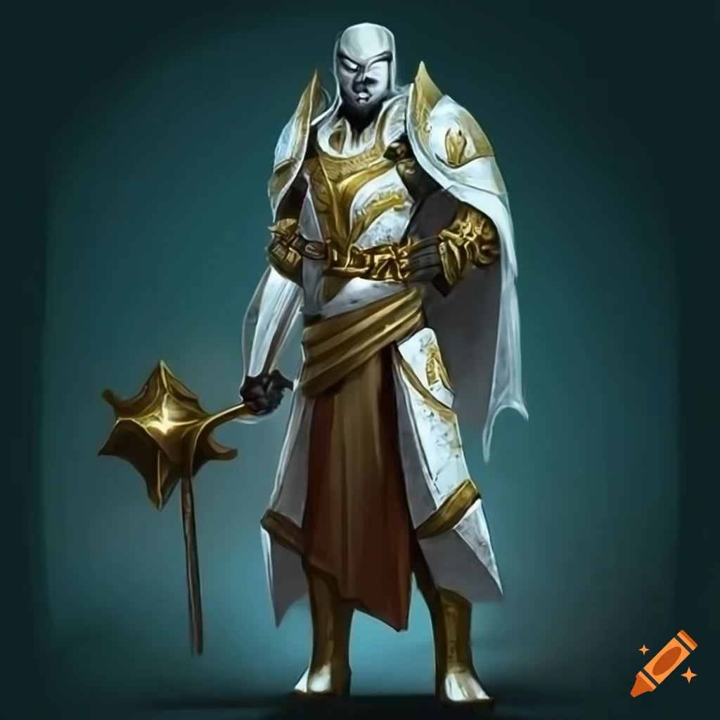 Imposing warforged cleric with mace and shield in white and gold