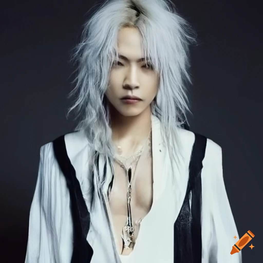 Hyde from l'arc~en~ciel with white hair, dressed in white, looking