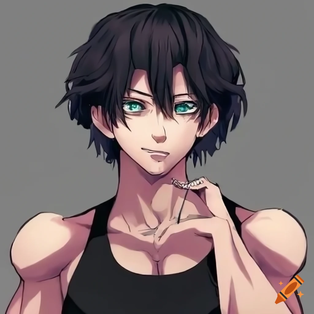 Muscular skinny anime boy in black tank top on Craiyon