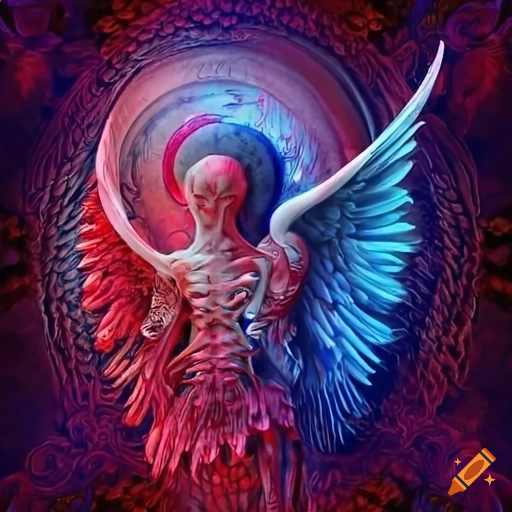 Angel with eyeballs on wings in red and blue