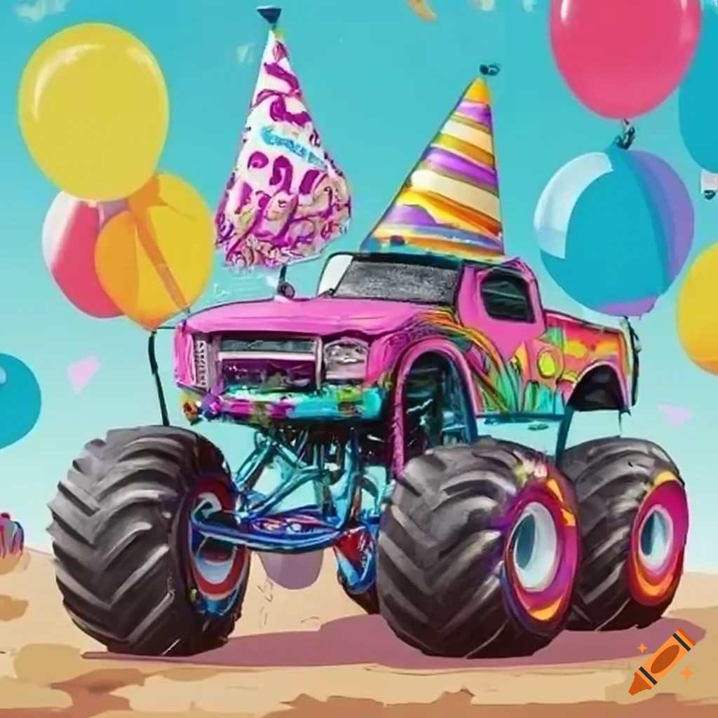 Colorful monster truck birthday party invitation for a fifth anniversary