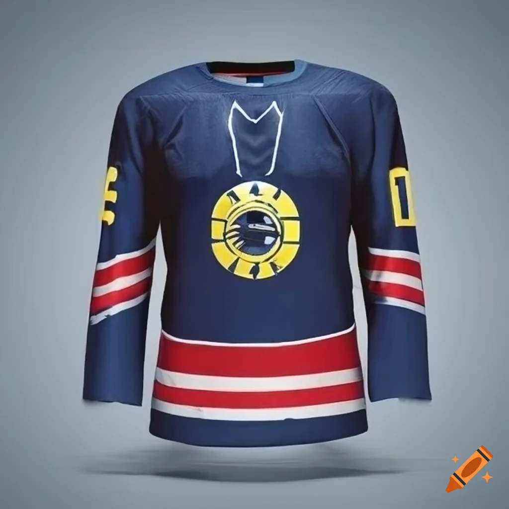Dark blue, red, and yellow ice hockey jersey