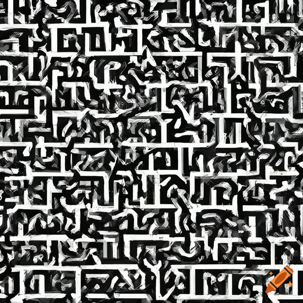 Abstract mosaic painting of people in a maze in black and white