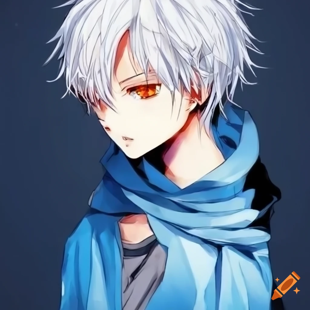 Cute anime boy with white hair, orange eyes, and blue scarf