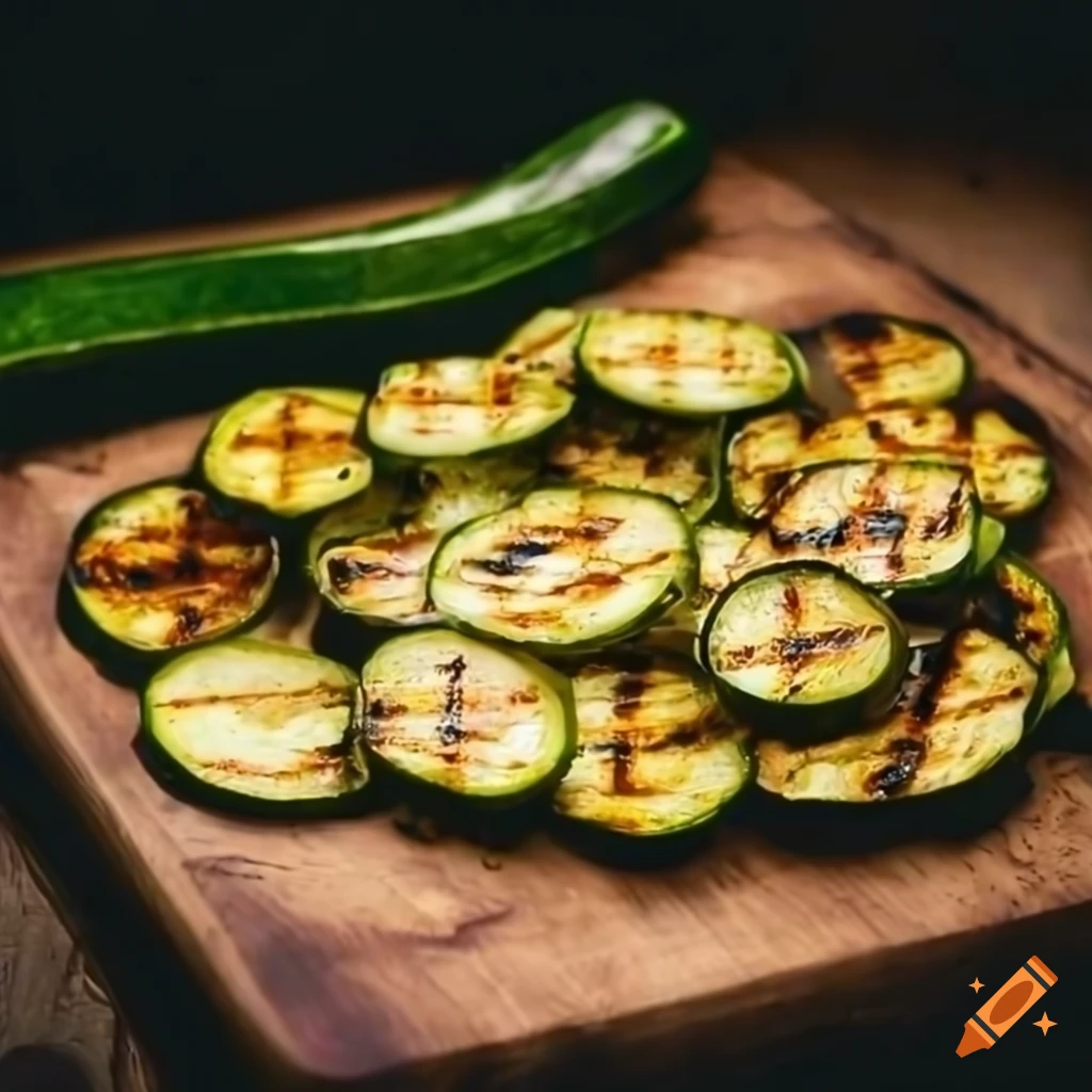 Grilled zucchinis cooked with air fryer on a rustic wooden board on Craiyon