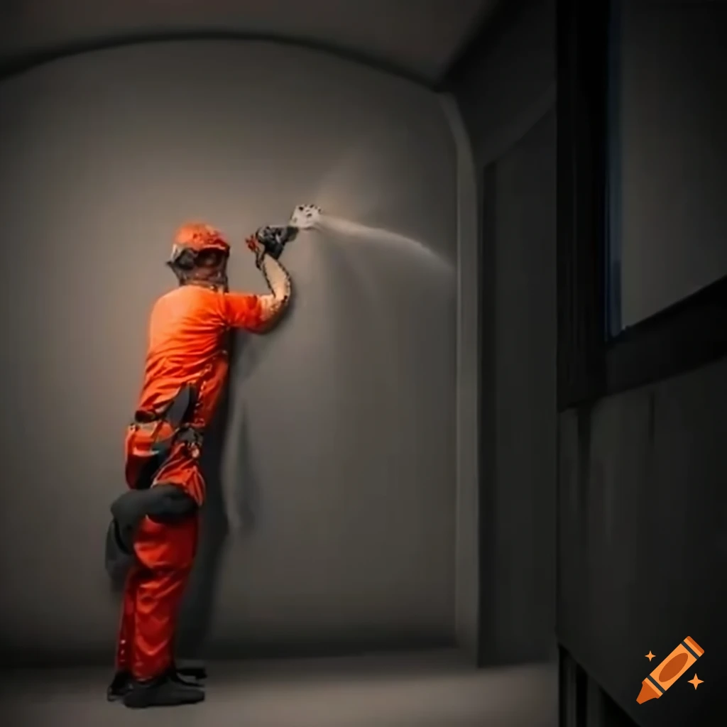 Skilful handyman fixing a burst pipe in a dimly lit tunnel
