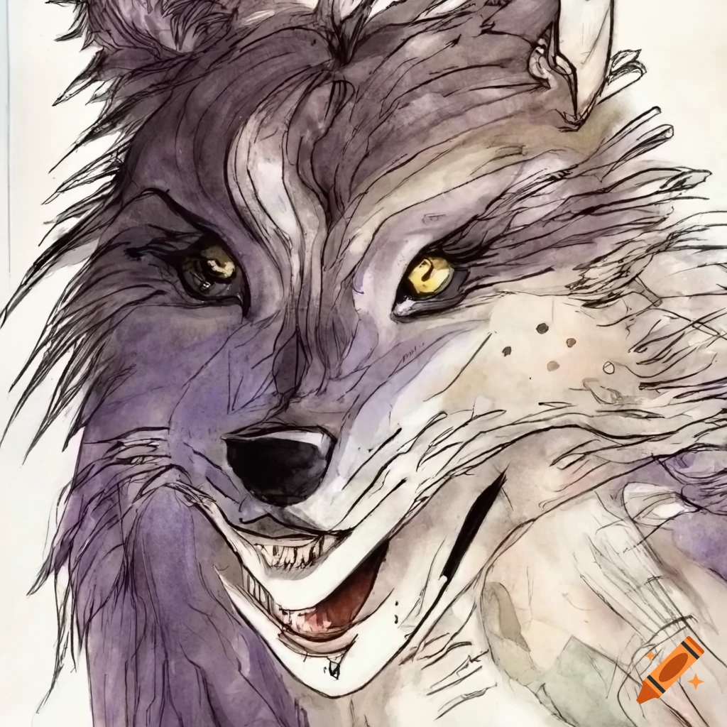 Skinny and fluffy female wolf character in manga ink sketch and ...