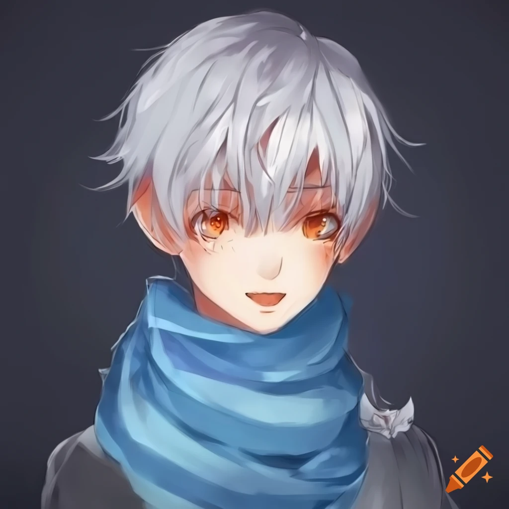 Cute anime boy with white hair, orange eyes, and blue scarf on Craiyon