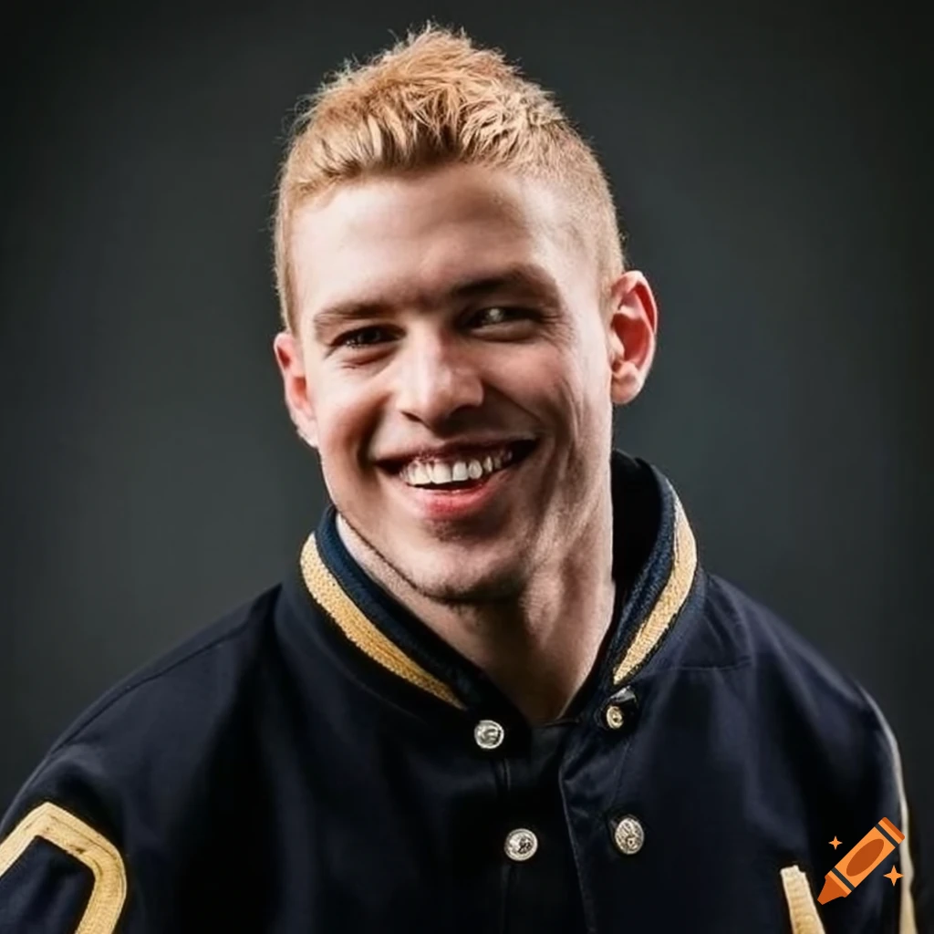 Smiling 22yearold male in letterman jacket and polo