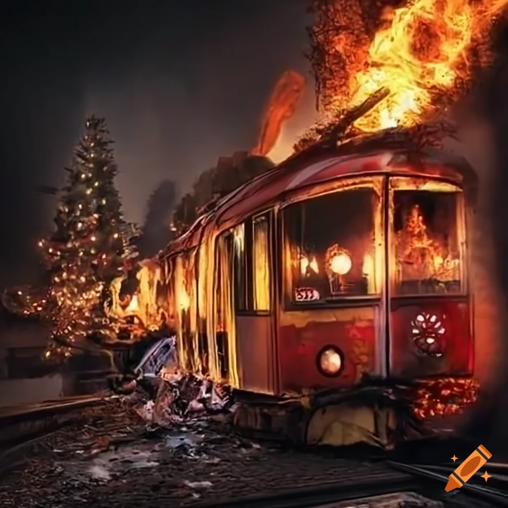 Ecologists pointing at tramway car crash into giant Christmas tree on fire
