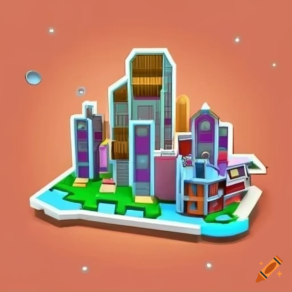 2D city with 3D plans in sticker style like Paper Mario game